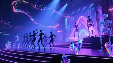 霓虹灯光下的舞者与骨架