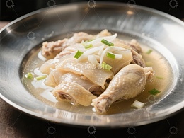 清炖鸡肉汤，配以葱丝