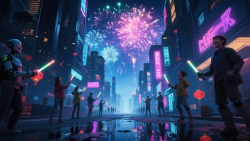 未来都市夜景，烟花与机器人共庆