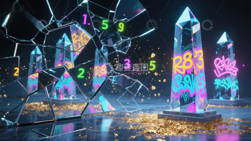 高清大图下载【趣麦麦图】霓虹水晶与破碎玻璃的奇幻场景