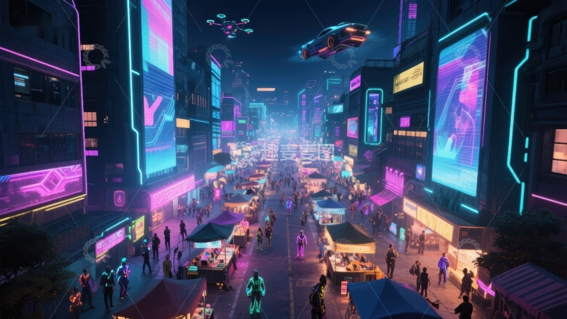 高清大图下载【趣麦麦图】霓虹闪烁的未来都市夜景