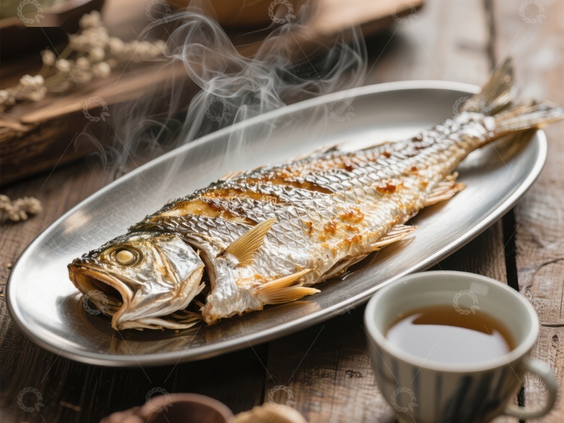 高清大图下载【趣麦麦图】香煎全鱼配热茶