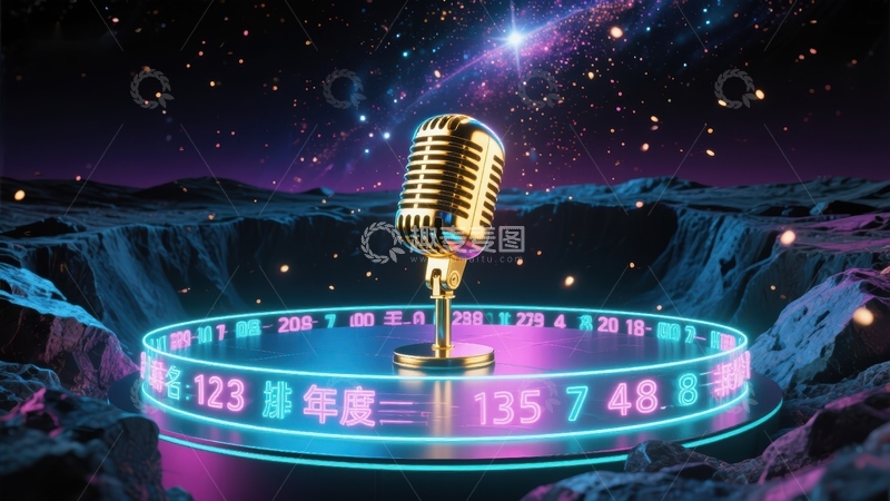 高清大图下载【趣麦麦图】复古麦克风与霓虹数字的科幻场景