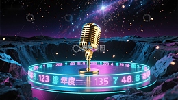 复古麦克风与霓虹数字的科幻场景