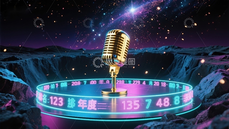 复古麦克风与霓虹数字的科幻场景