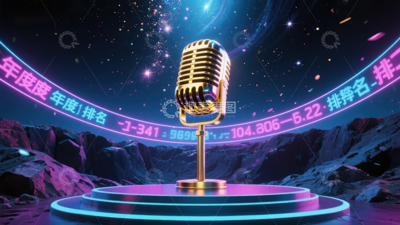 高清大图下载【趣麦麦图】宇宙背景下的金色麦克风舞台