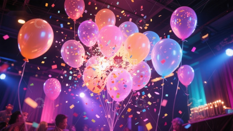 高清大图下载【趣麦麦图】彩色气球与彩带飞舞的派对场景