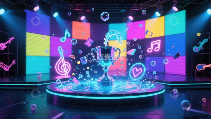 高清大图下载【趣麦麦图】霓虹灯光下的奖杯庆典场景