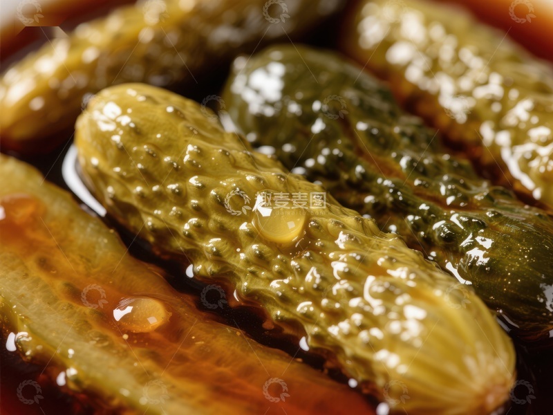 高清大图下载【趣麦麦图】酸黄瓜特写，浸泡在透明液体中