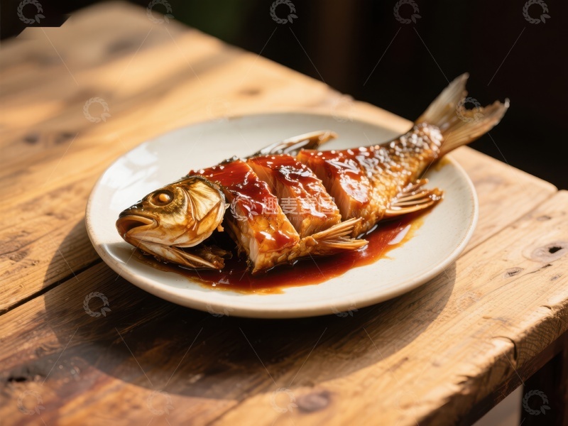 高清大图下载【趣麦麦图】红烧鱼摆盘，色泽诱人