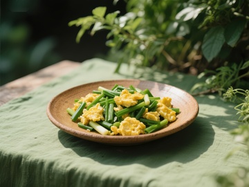 韭菜炒鸡蛋，自然光下的美味佳肴