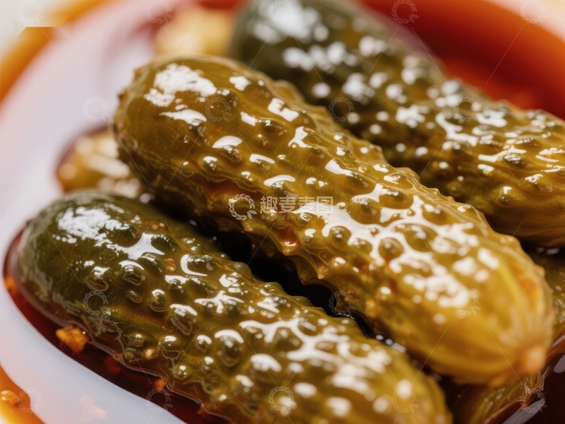 高清大图下载【趣麦麦图】酸黄瓜特写，浸泡在酱汁中