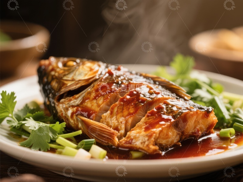 高清大图下载【趣麦麦图】红烧鱼配香菜，热气腾腾