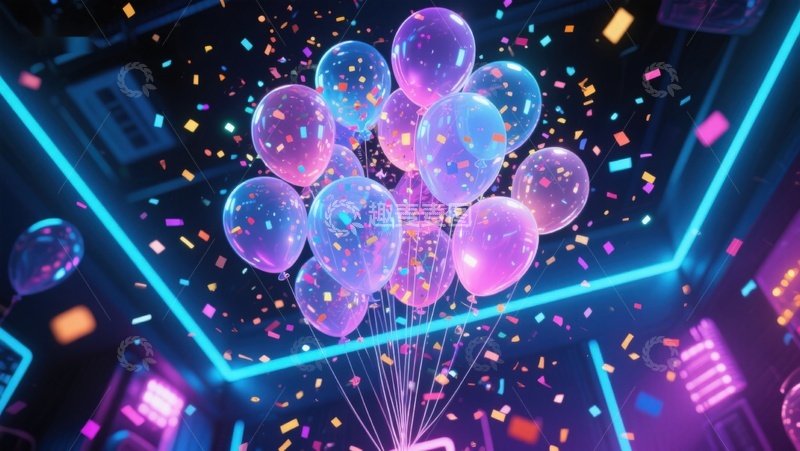 高清大图下载【趣麦麦图】霓虹灯光下的彩色气球与彩带