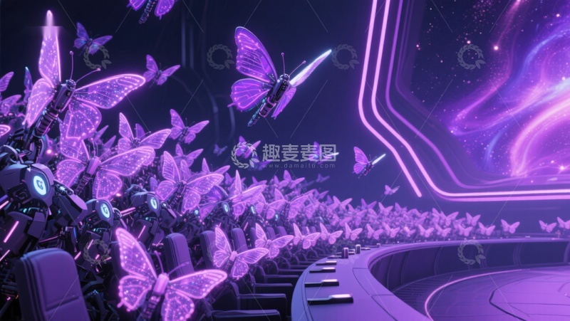 高清大图下载【趣麦麦图】紫色蝴蝶环绕的未来科技场景