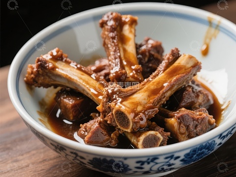 红烧排骨盛于青花瓷碗