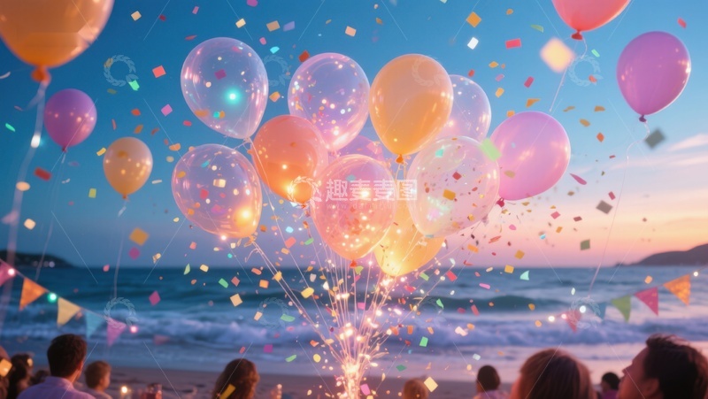 高清大图下载【趣麦麦图】海滩日落气球派对