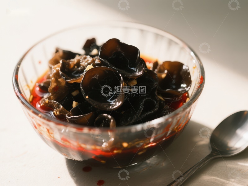 高清大图下载【趣麦麦图】木耳拌菜，玻璃碗中盛放