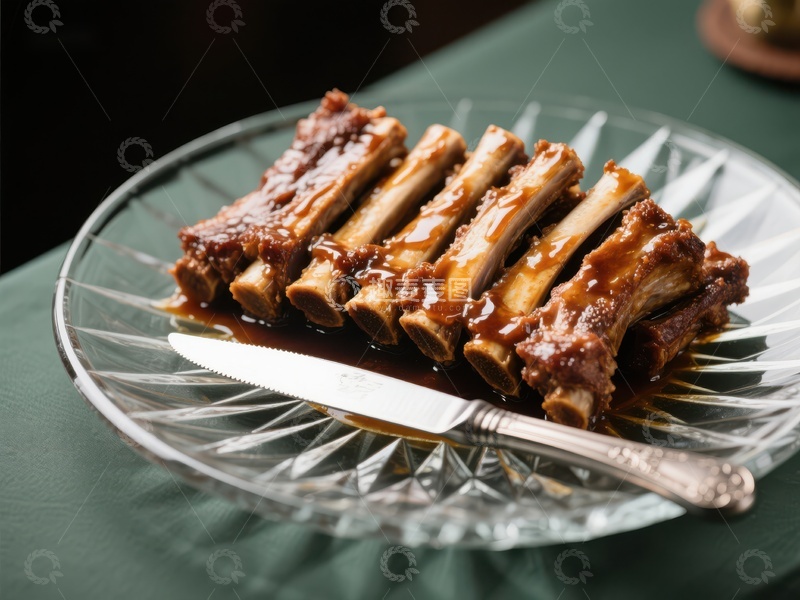高清大图下载【趣麦麦图】酱汁排骨配刀具，玻璃盘中呈现