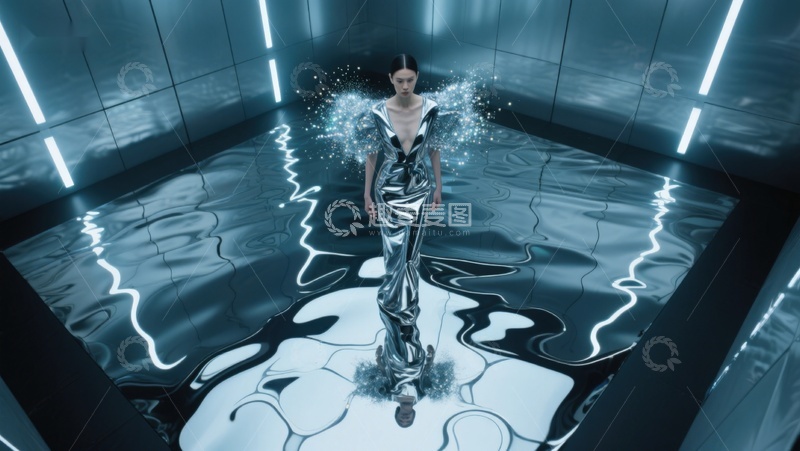 高清大图下载【趣麦麦图】-未来感金属服饰的女性站在反光地板上