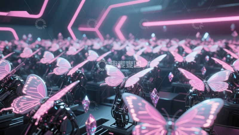 高清大图下载【趣麦麦图】霓虹光影中的机械蝴蝶群