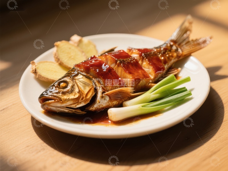 高清大图下载【趣麦麦图】红烧鱼配葱姜，美味佳肴