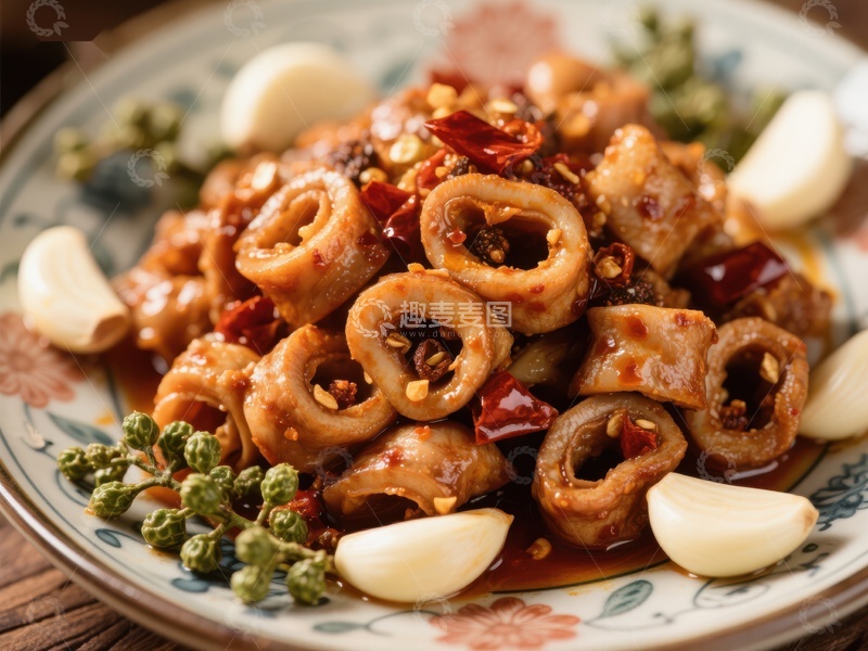 高清大图下载【趣麦麦图】麻辣猪肠配蒜瓣与青花椒