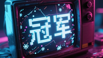 复古电视显示霓虹汉字‘冠军’