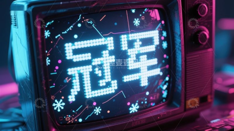 高清大图下载【趣麦麦图】复古电视显示霓虹汉字‘冠军’