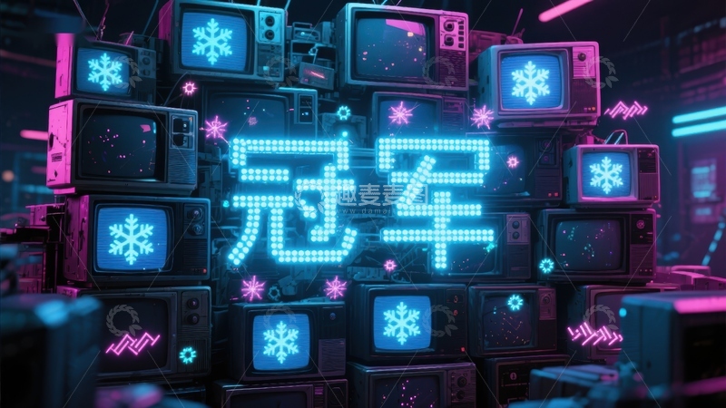 高清大图下载【趣麦麦图】霓虹灯下的冠军字样与雪花图案
