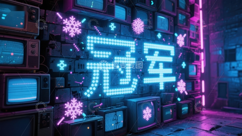 高清大图下载【趣麦麦图】霓虹灯下的冠军字样与复古电视墙