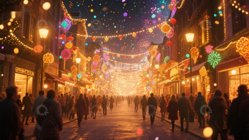 高清大图下载【趣麦麦图】节日灯光璀璨的街头夜景