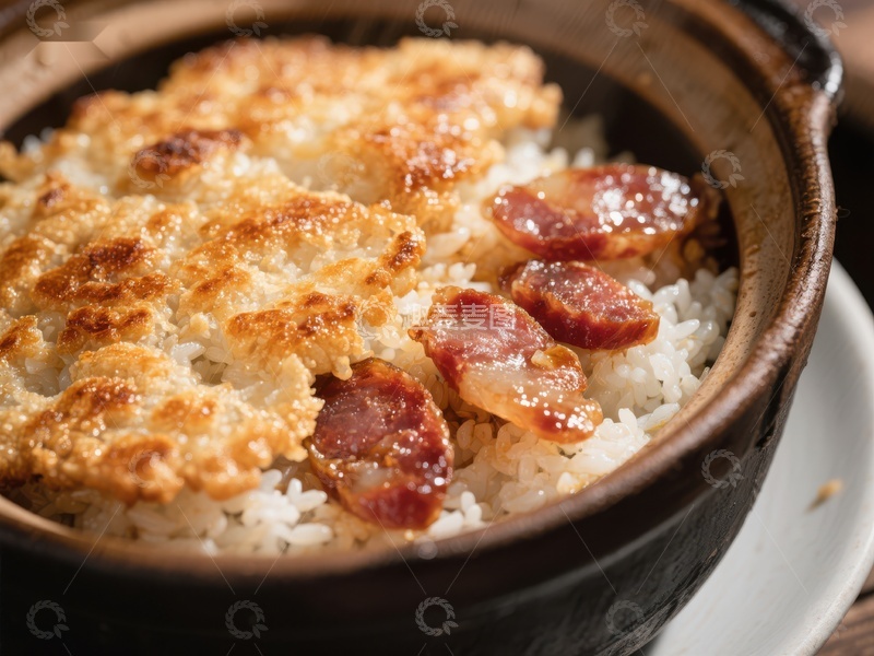 高清大图下载【趣麦麦图】煲仔饭：香脆锅巴与腊肠的完美结合