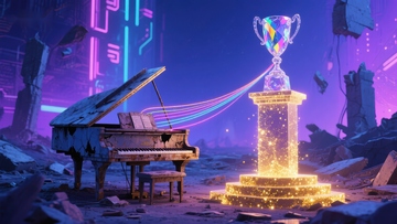 废墟中的钢琴与奖杯