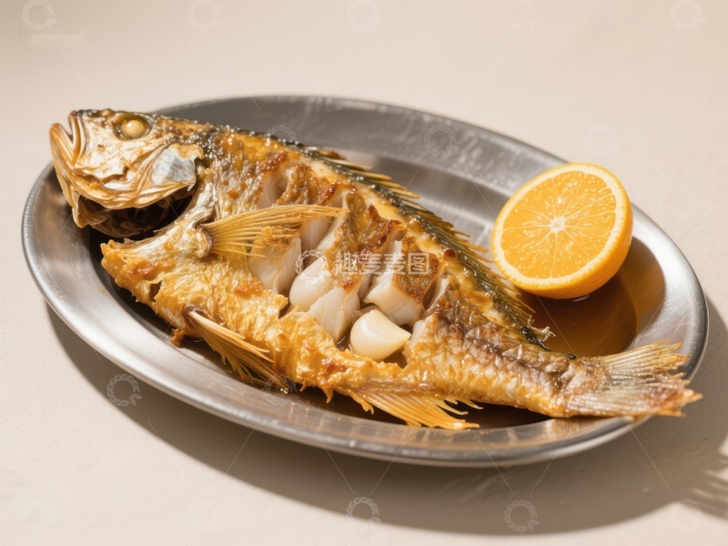 高清大图下载【趣麦麦图】烤鱼配橙片，盘中美食