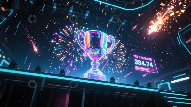 高清大图下载【趣麦麦图】霓虹奖杯与烟花庆祝场景