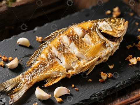 香煎全鱼配蒜瓣