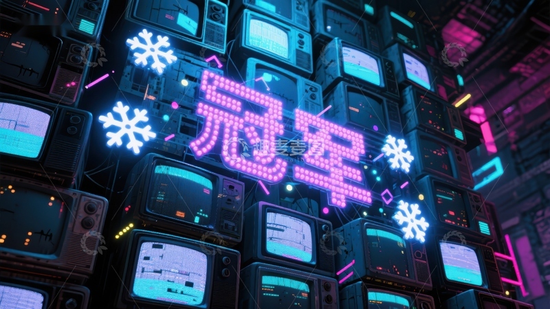 高清大图下载【趣麦麦图】霓虹灯下的冠军字样与复古电视墙