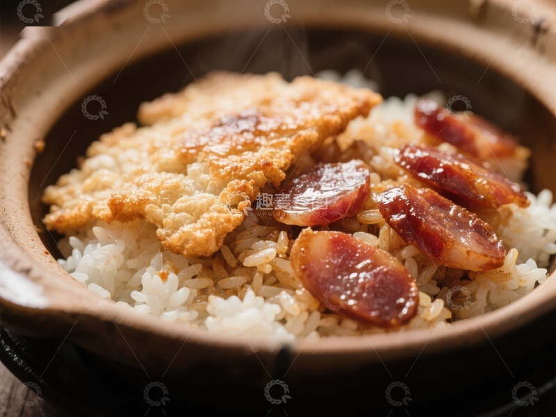 高清大图下载【趣麦麦图】热腾腾的煲仔饭，腊肠与锅巴香气四溢