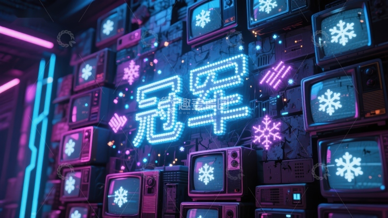 高清大图下载【趣麦麦图】霓虹灯下的冠军字样与雪花图案