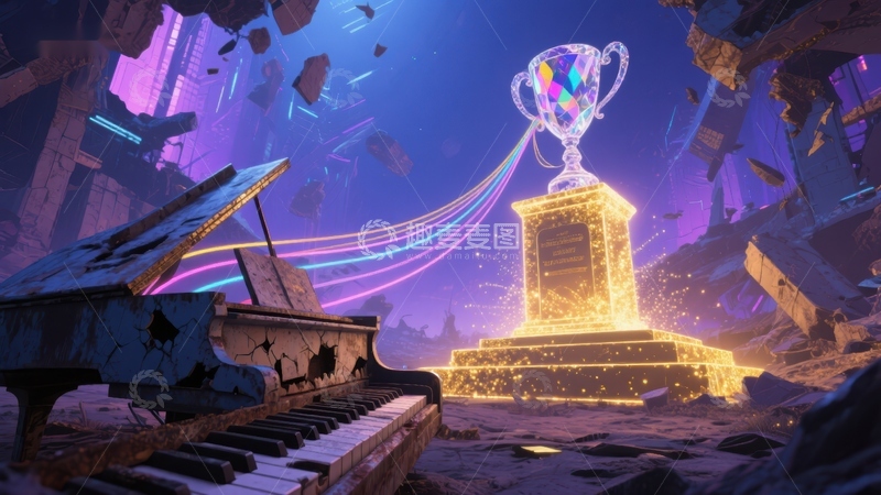 高清大图下载【趣麦麦图】破碎钢琴与光辉奖杯的奇幻场景