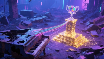 霓虹奖杯与废墟钢琴的奇幻场景