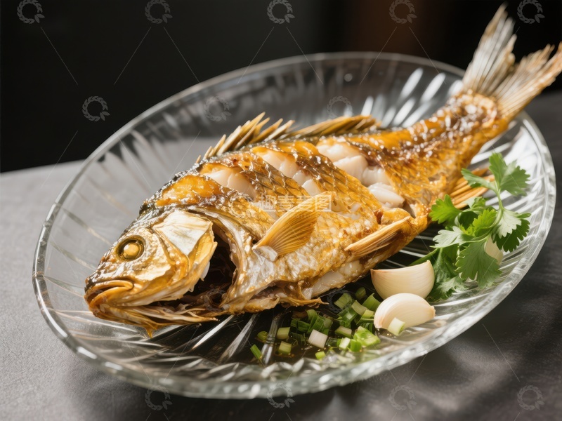高清大图下载【趣麦麦图】金黄酥脆的烤鱼配以香菜和蒜瓣
