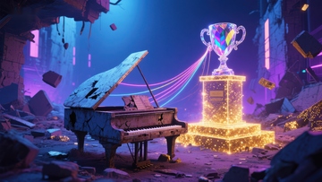 废墟中的钢琴与奖杯