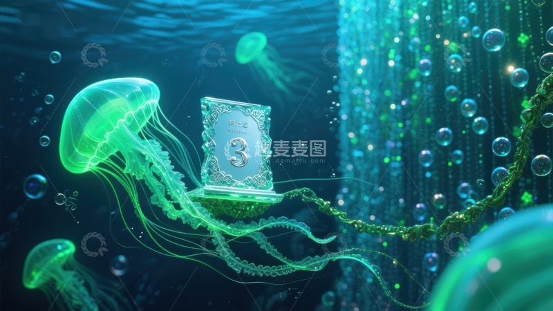 高清大图下载【趣麦麦图】水下奇幻场景：数字卡片与水母