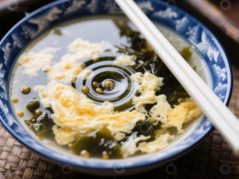 高清大图下载【趣麦麦图】海带蛋花汤，筷子点缀