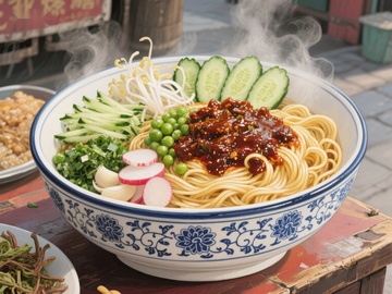 热气腾腾的面条配蔬菜和酱料