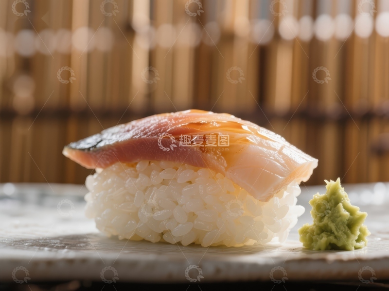 高清大图下载【趣麦麦图】精致寿司配芥末，竹帘背景