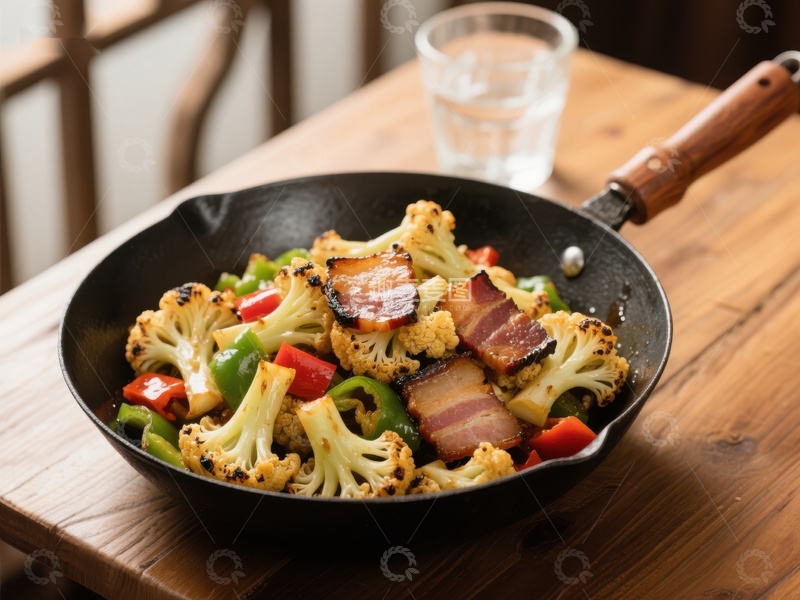 高清大图下载【趣麦麦图】煎锅中的花椰菜培根炒菜