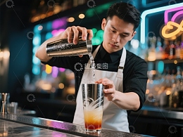 调酒师倾倒鸡尾酒